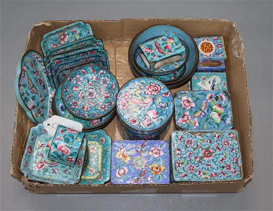 A group of Chinese Canton enamel turquoise ground wares, 19th/20th century
